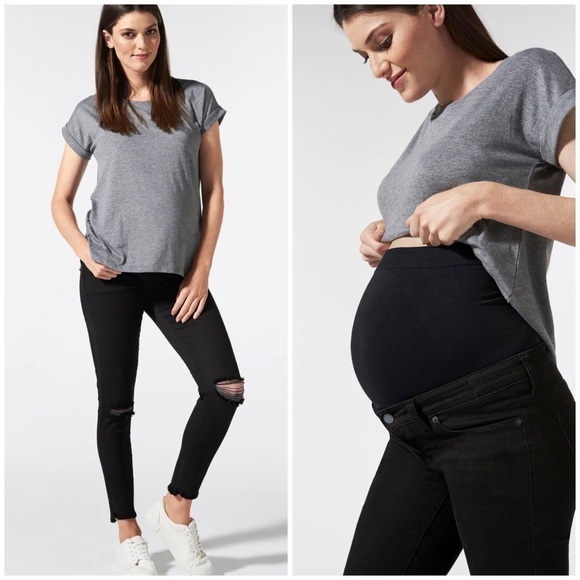 NEW Blanqi Black Wash Slit Knee Distressed Maternity Jeans Denim Size 2 - Picture 1 of 8